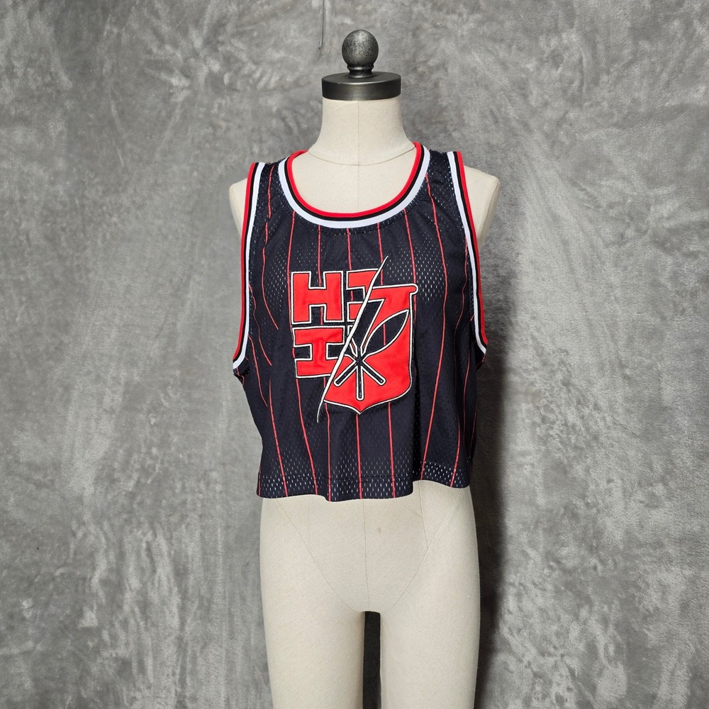 HI FINEST Size L Cropped Jersey Tank Top Black Red Pinstripe Athletic Gym - Picture 1 of 11